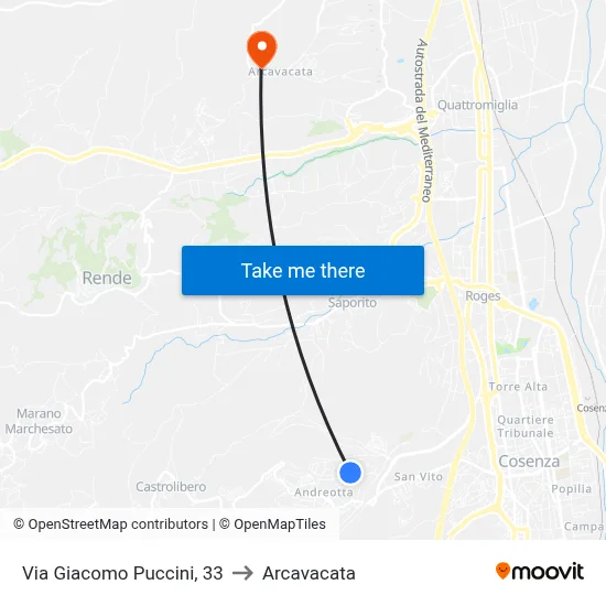 Via Giacomo Puccini, 33 to Arcavacata map