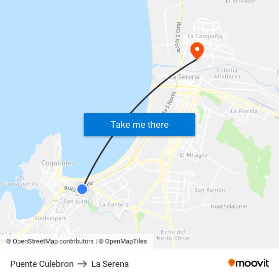 Puente Culebron to La Serena map