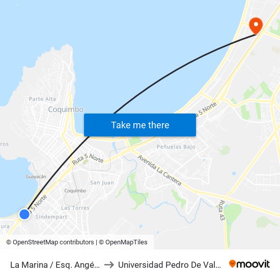 La Marina / Esq. Angélica to Universidad Pedro De Valdivia map