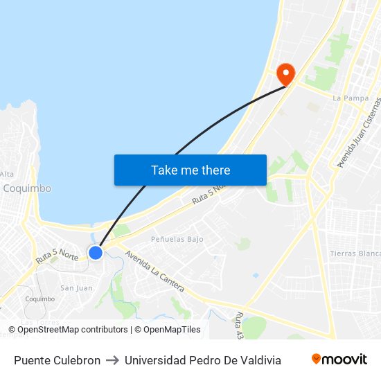 Puente Culebron to Universidad Pedro De Valdivia map