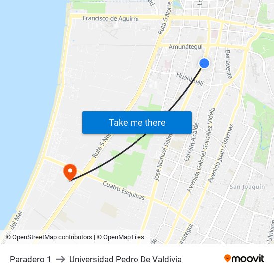 Paradero 1 to Universidad Pedro De Valdivia map
