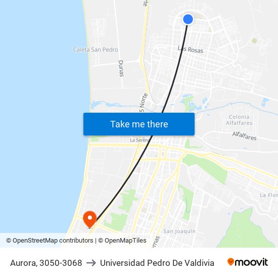 Aurora, 3050-3068 to Universidad Pedro De Valdivia map