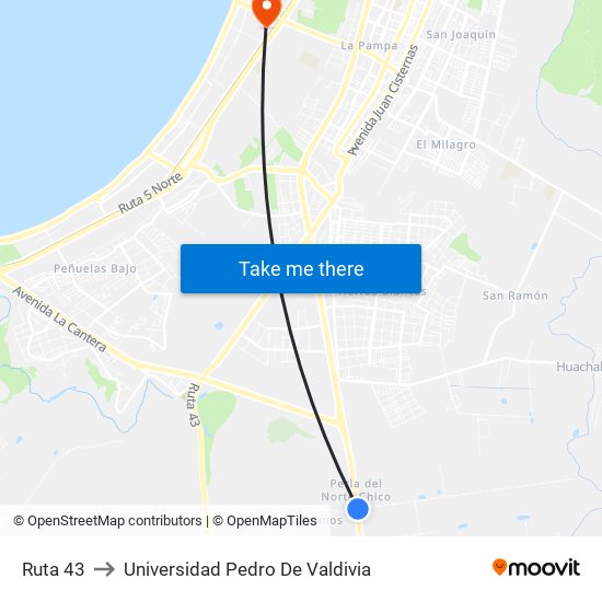 Ruta 43 to Universidad Pedro De Valdivia map