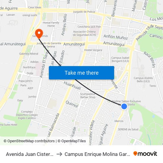 Avenida Juan Cisternas, 1656 to Campus Enrique Molina Garmendia (Uls) map