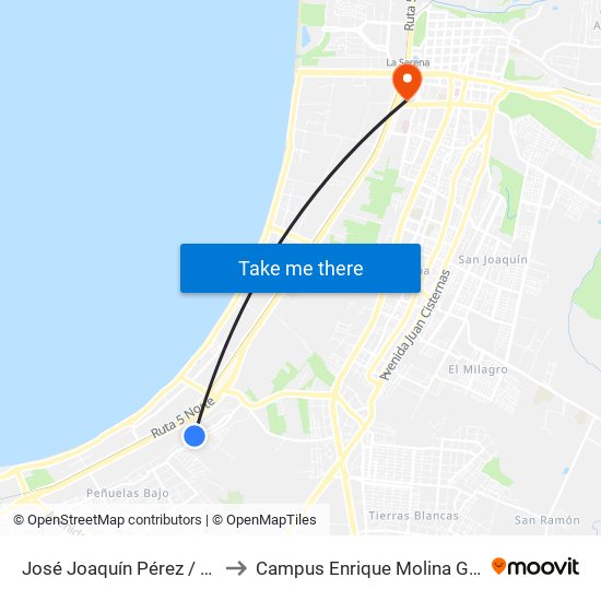José Joaquín Pérez / Esq. Miramar to Campus Enrique Molina Garmendia (Uls) map