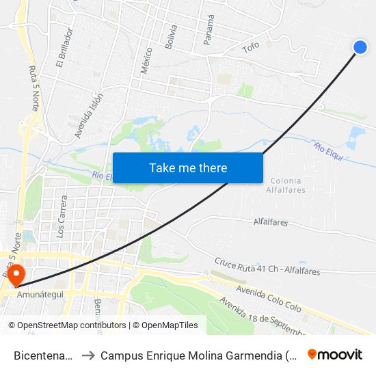 Bicentenario to Campus Enrique Molina Garmendia (Uls) map