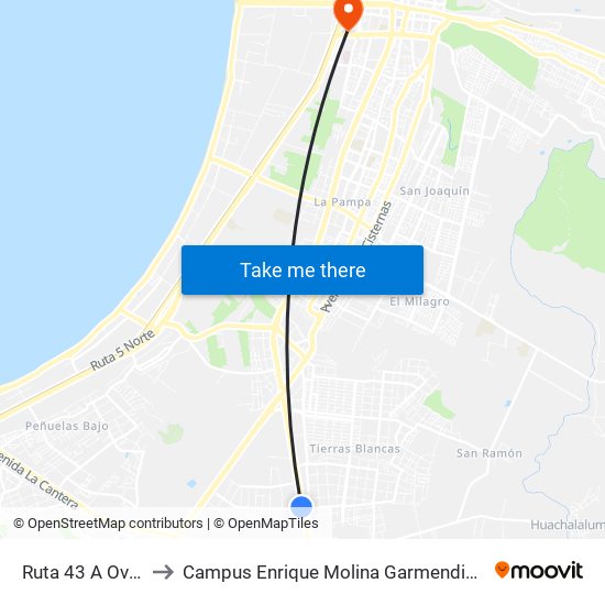 Ruta 43 A Ovalle to Campus Enrique Molina Garmendia (Uls) map