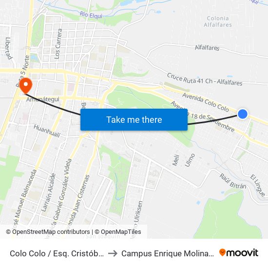 Colo Colo / Esq. Cristóbal Moya Miranda to Campus Enrique Molina Garmendia (Uls) map