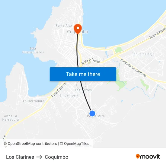 Los Clarines to Coquimbo map
