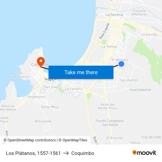 Los Plátanos, 1557-1561 to Coquimbo map
