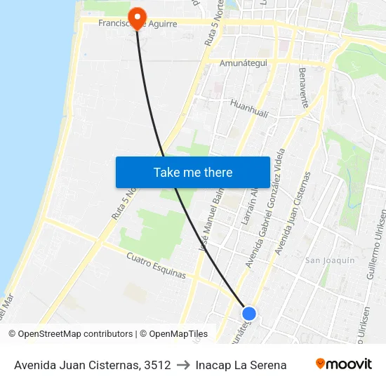 Avenida Juan Cisternas, 3512 to Inacap La Serena map