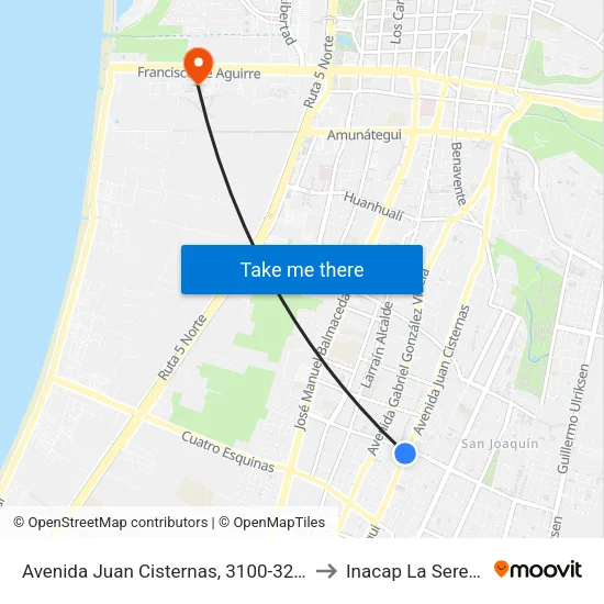 Avenida Juan Cisternas, 3100-3268 to Inacap La Serena map
