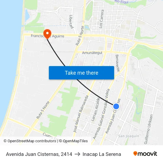 Avenida Juan Cisternas, 2414 to Inacap La Serena map