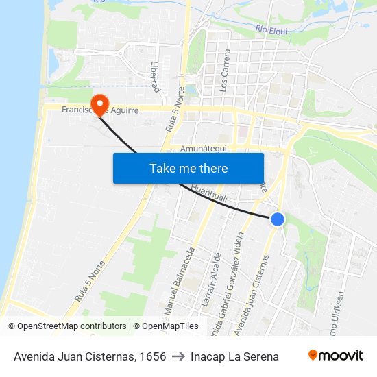 Avenida Juan Cisternas, 1656 to Inacap La Serena map