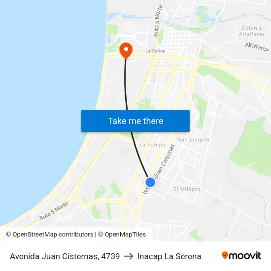 Avenida Juan Cisternas, 4739 to Inacap La Serena map