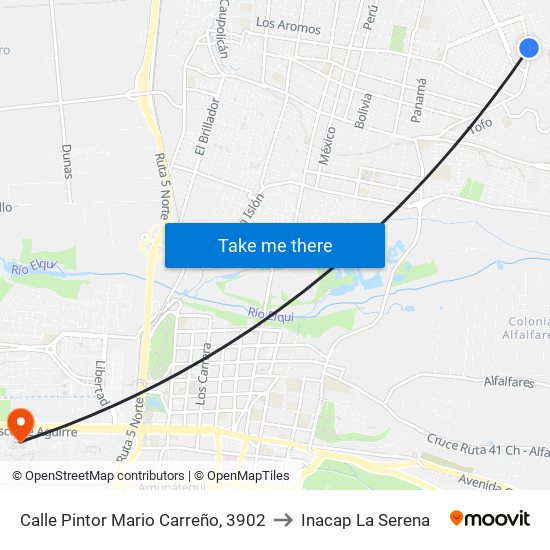 Calle Pintor Mario Carreño, 3902 to Inacap La Serena map