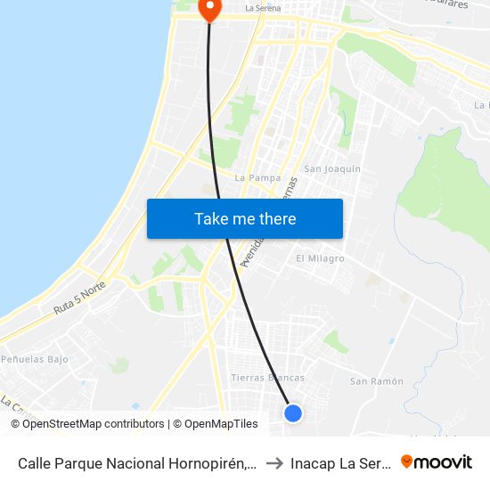 Calle Parque Nacional Hornopirén, 1329 to Inacap La Serena map