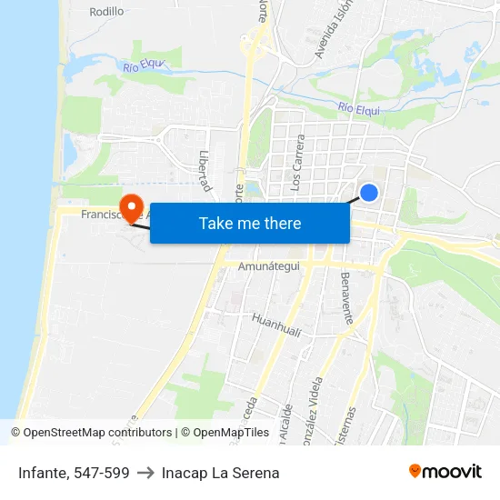 Infante, 547-599 to Inacap La Serena map