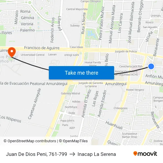 Juan De Dios Peni, 761-799 to Inacap La Serena map
