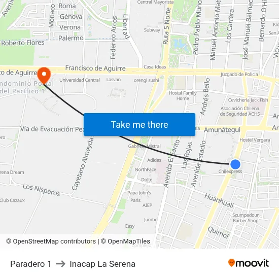 Paradero 1 to Inacap La Serena map