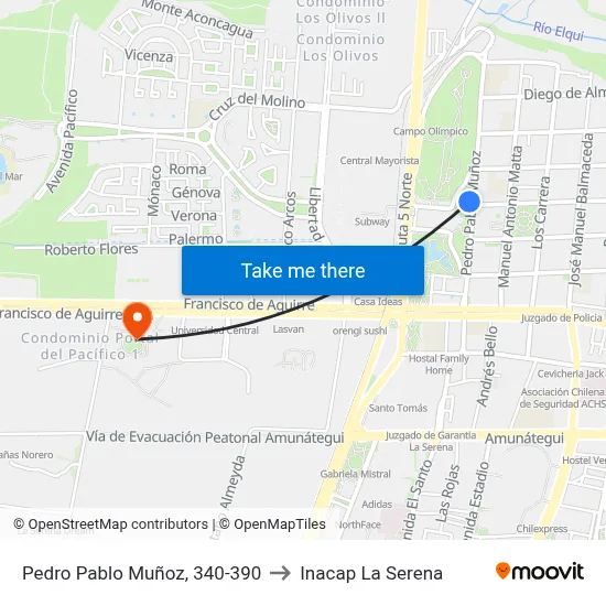 Pedro Pablo Muñoz, 340-390 to Inacap La Serena map