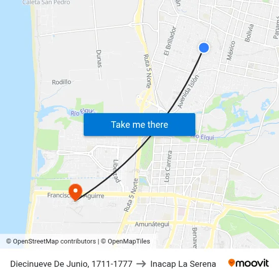 Diecinueve De Junio, 1711-1777 to Inacap La Serena map