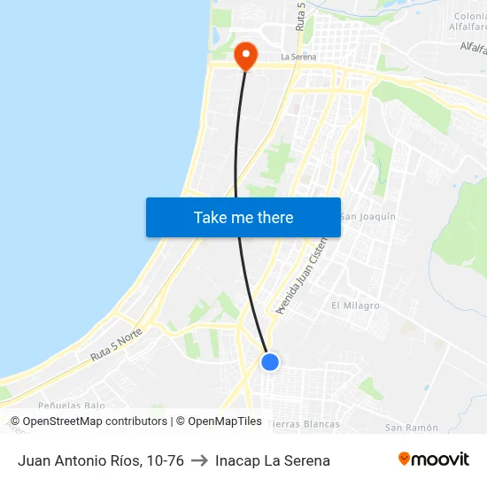 Juan Antonio Ríos, 10-76 to Inacap La Serena map