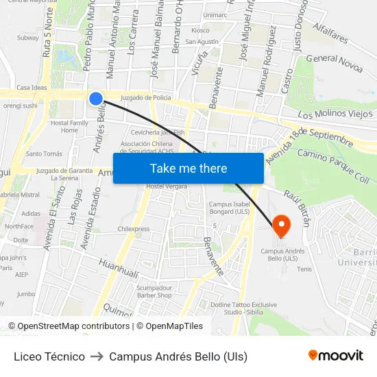 Liceo Técnico to Campus Andrés Bello (Uls) map