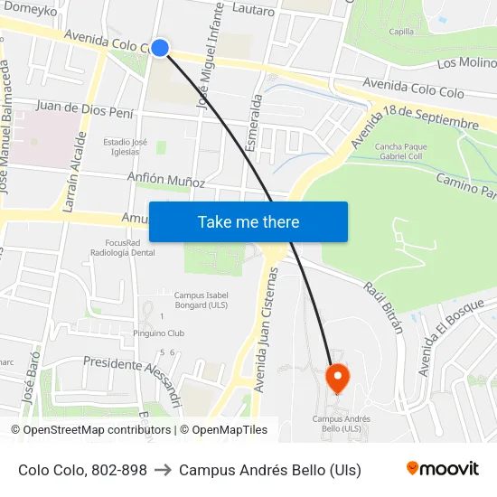 Colo Colo, 802-898 to Campus Andrés Bello (Uls) map