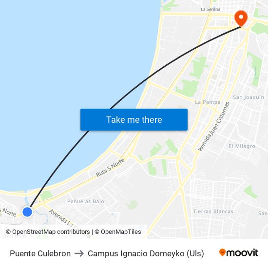 Puente Culebron to Campus Ignacio Domeyko (Uls) map