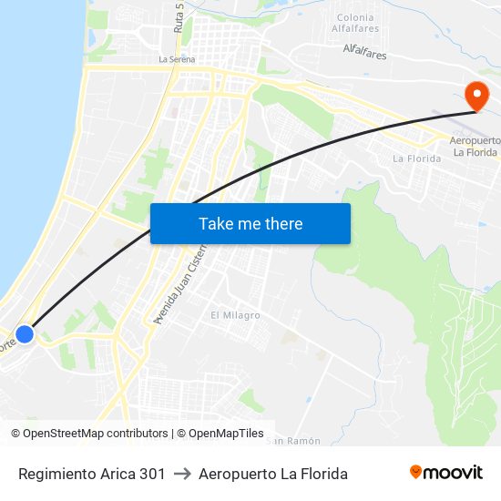 Regimiento Arica 301 to Aeropuerto La Florida map