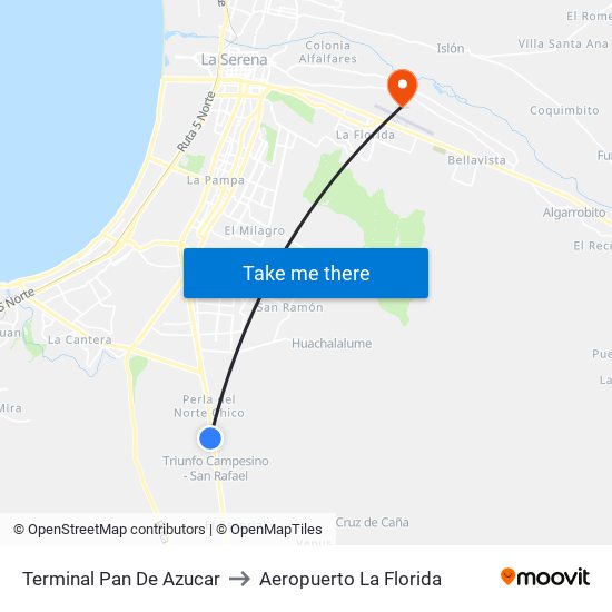 Terminal Pan De Azucar to Aeropuerto La Florida map