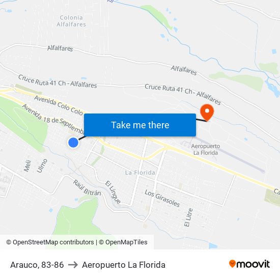 Arauco, 83-86 to Aeropuerto La Florida map