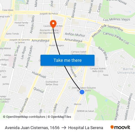 Avenida Juan Cisternas, 1656 to Hospital La Serena map