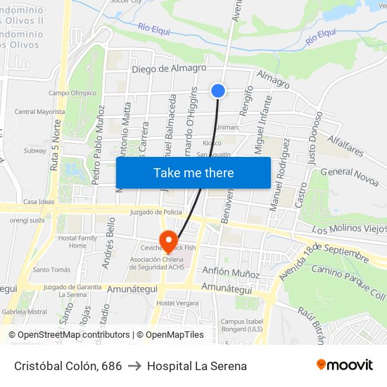 Cristóbal Colón, 686 to Hospital La Serena map