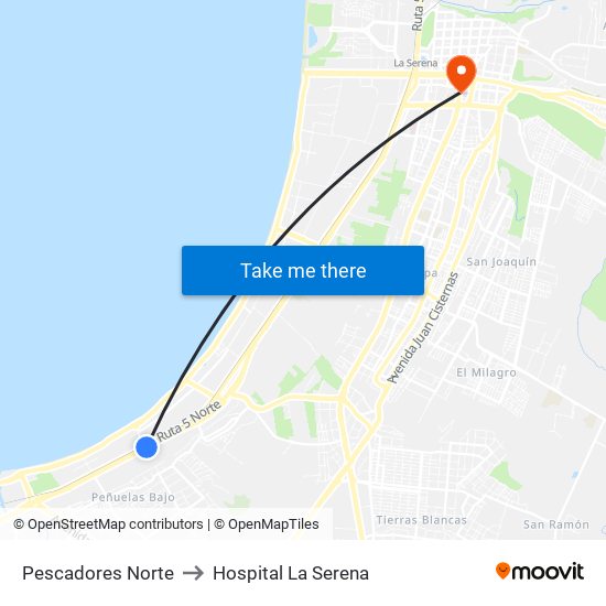 Pescadores Norte to Hospital La Serena map