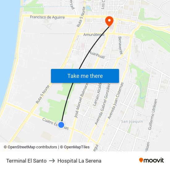 Terminal El Santo to Hospital La Serena map