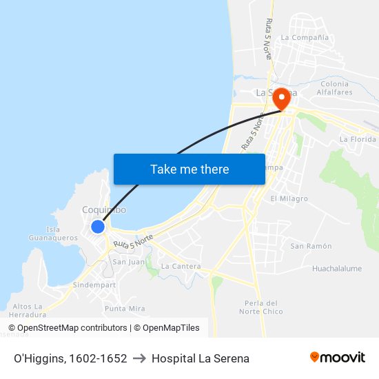 O'Higgins, 1602-1652 to Hospital La Serena map