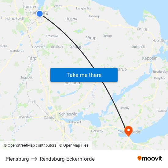 Flensburg to Rendsburg-Eckernförde map