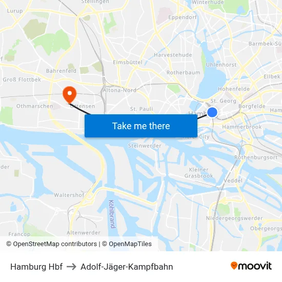 Hamburg Hbf to Adolf-Jäger-Kampfbahn map