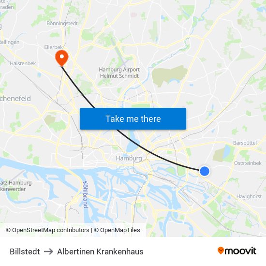 Billstedt to Albertinen Krankenhaus map