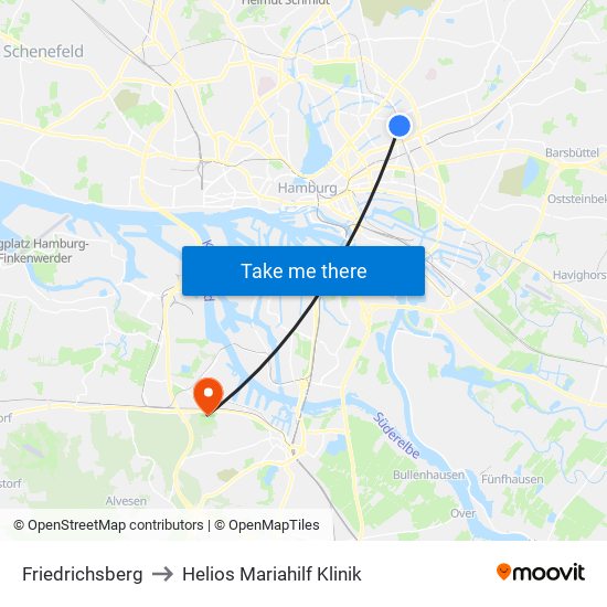 Friedrichsberg to Helios Mariahilf Klinik map