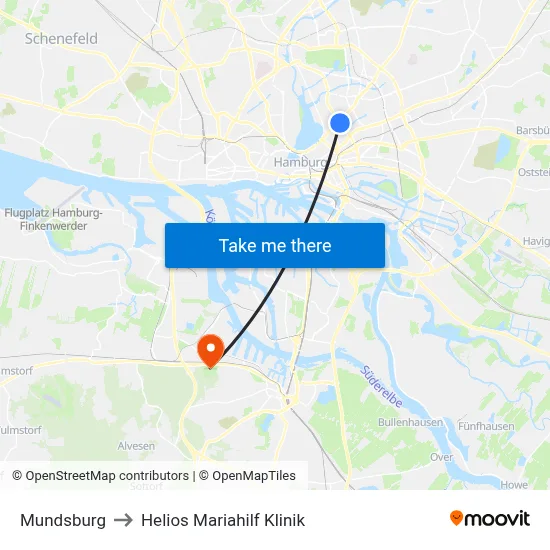 Mundsburg to Helios Mariahilf Klinik map
