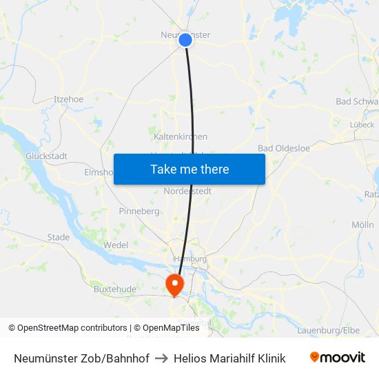 Neumünster Zob/Bahnhof to Helios Mariahilf Klinik map