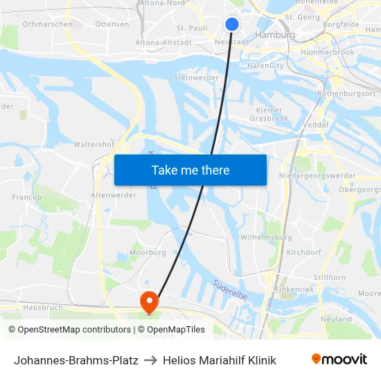 Johannes-Brahms-Platz to Helios Mariahilf Klinik map