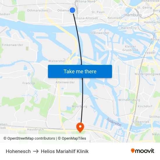 Hohenesch to Helios Mariahilf Klinik map