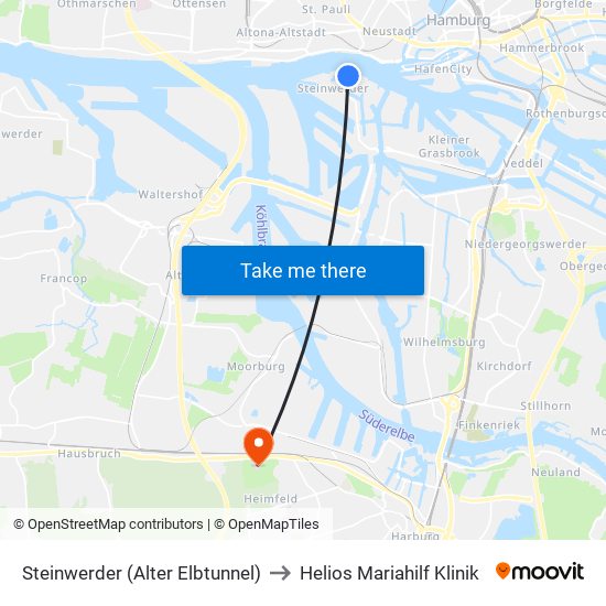 Steinwerder (Alter Elbtunnel) to Helios Mariahilf Klinik map