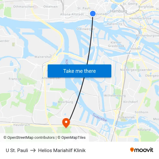 U St. Pauli to Helios Mariahilf Klinik map