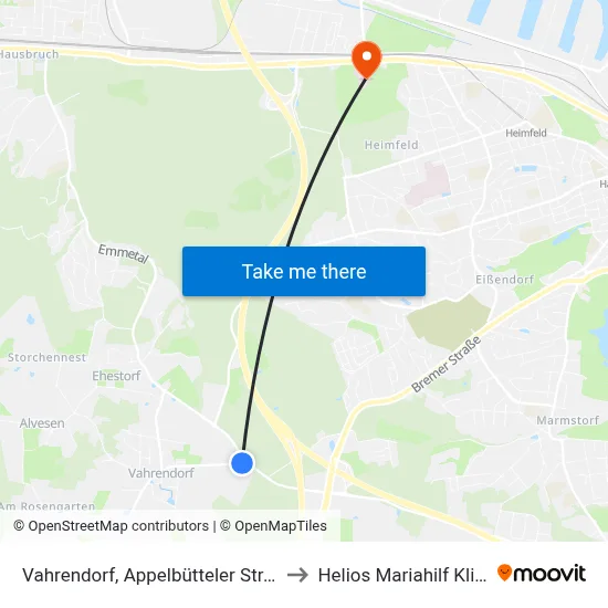 Vahrendorf, Appelbütteler Straße to Helios Mariahilf Klinik map