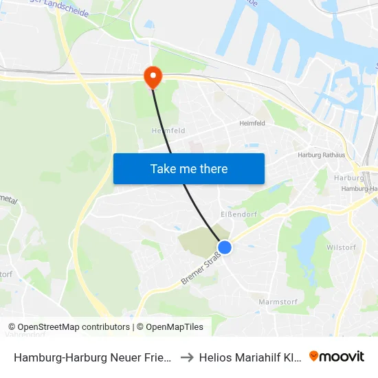 Hamburg-Harburg Neuer Friedhof to Helios Mariahilf Klinik map